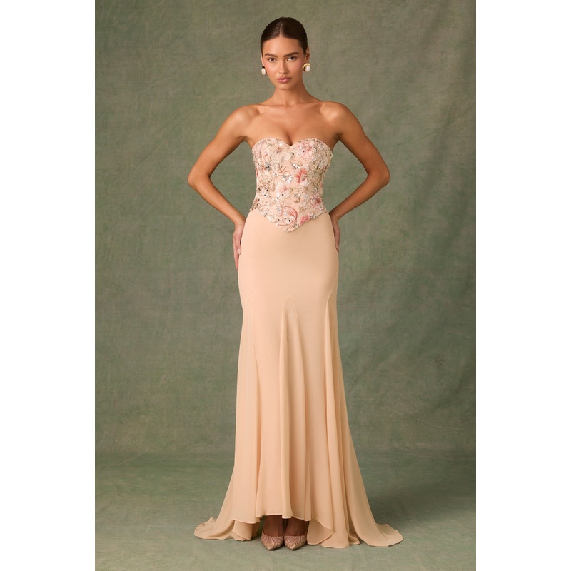 Embellished Corset Fishtail Gown in Floral Beige