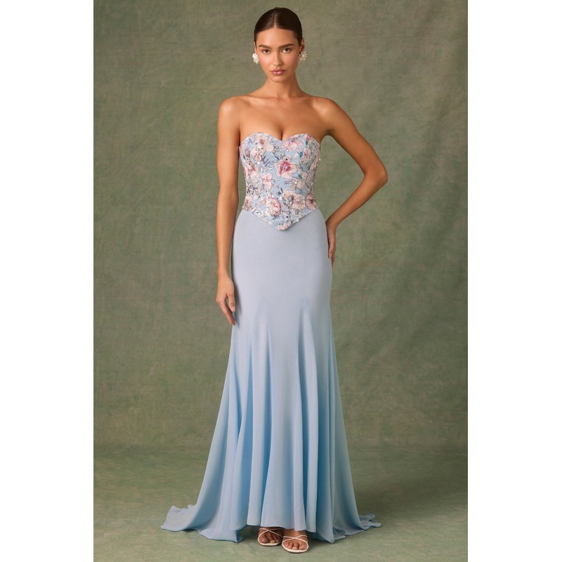 Embellished Corset Fishtail Gown in Floral Blue