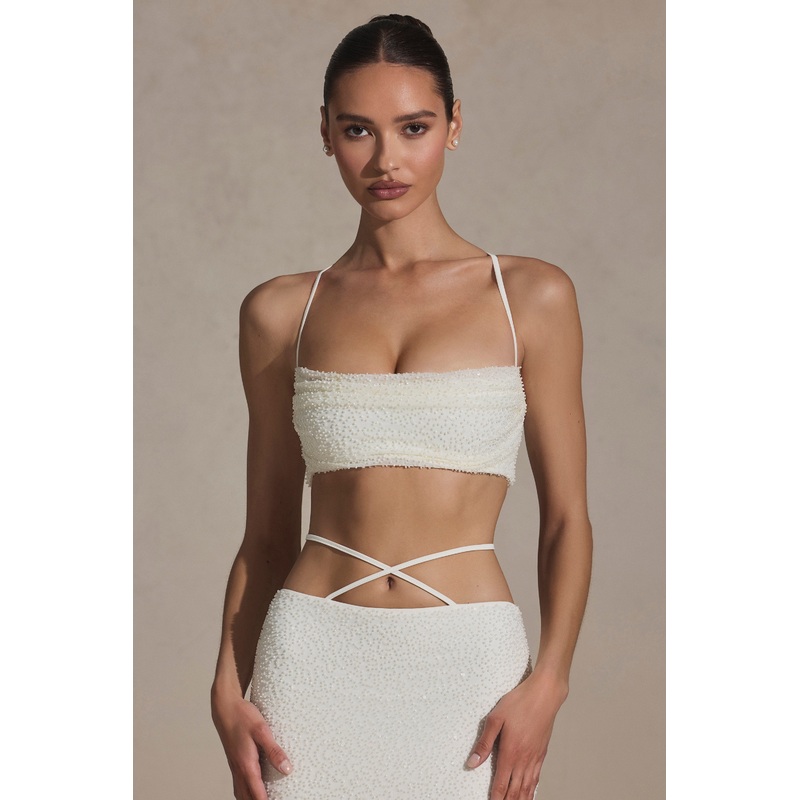 Embellished Cross Back Crop Top in White
