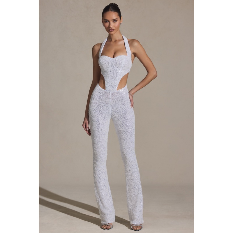 Embellished Cut-Out Jumpsuit in White