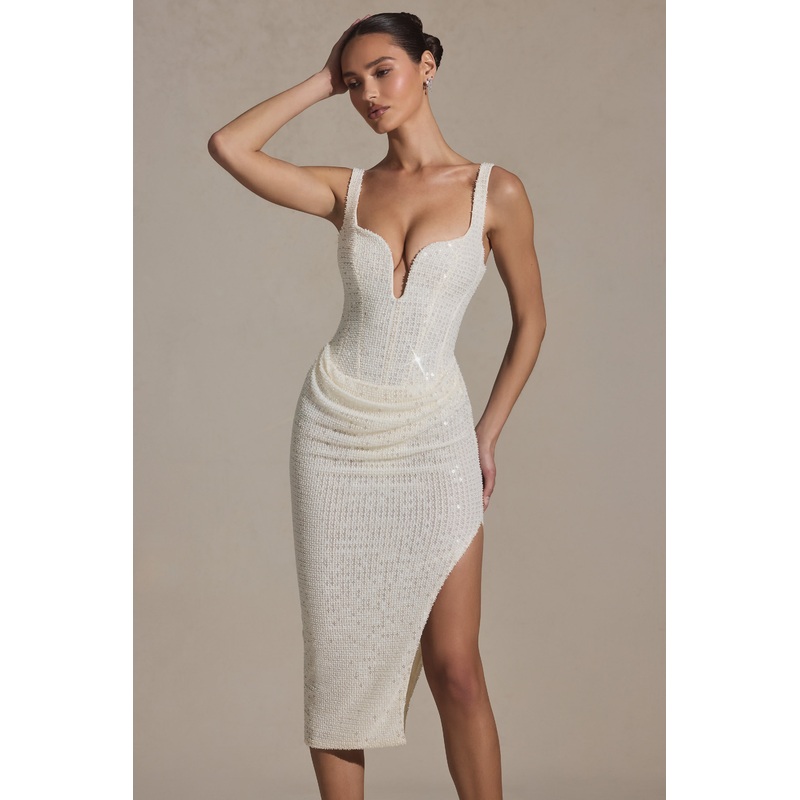 Embellished Draped Midaxi Dress in White