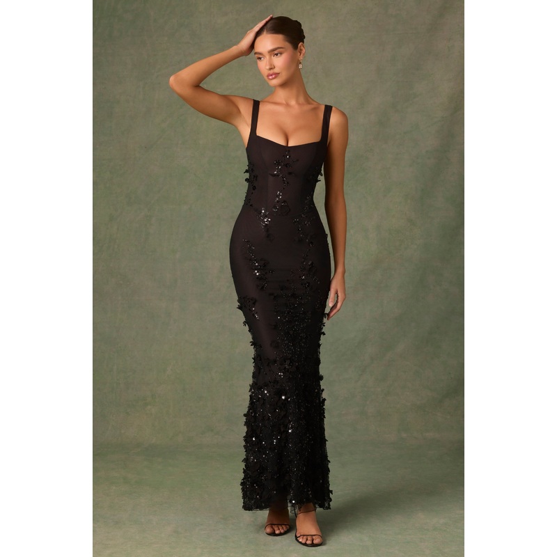 Embellished Fishtail Corset Gown in Black