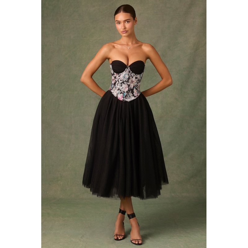 Embellished Lace-Up Cupless Corset in Floral Black
