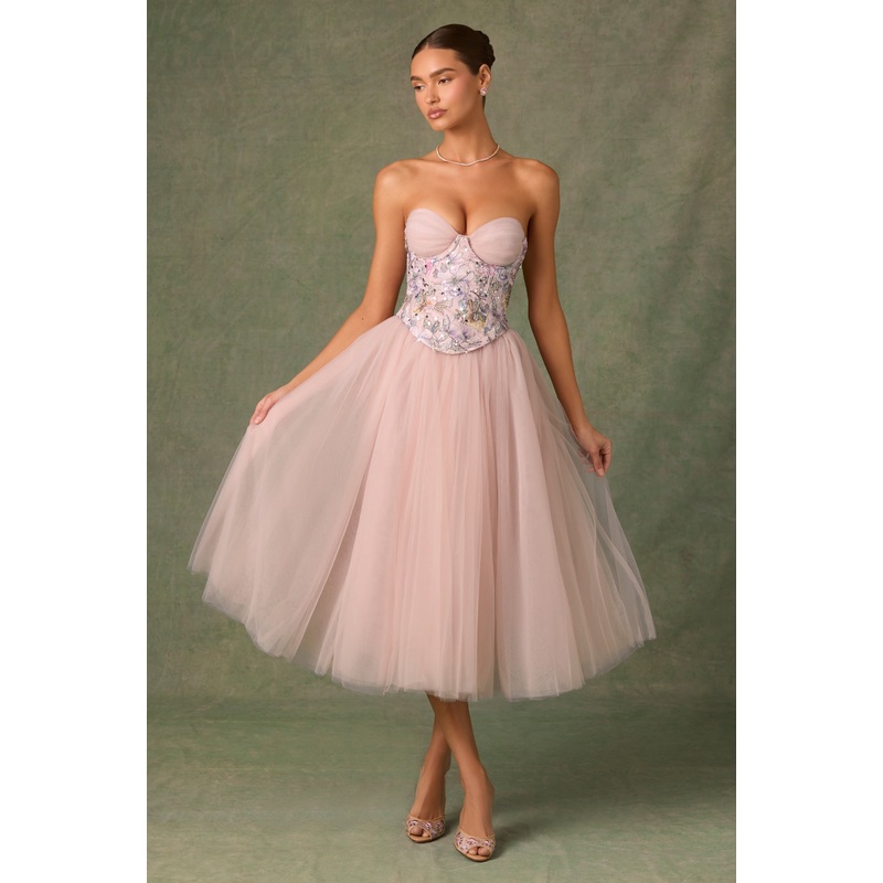 Embellished Lace-Up Cupless Corset in Floral Pink