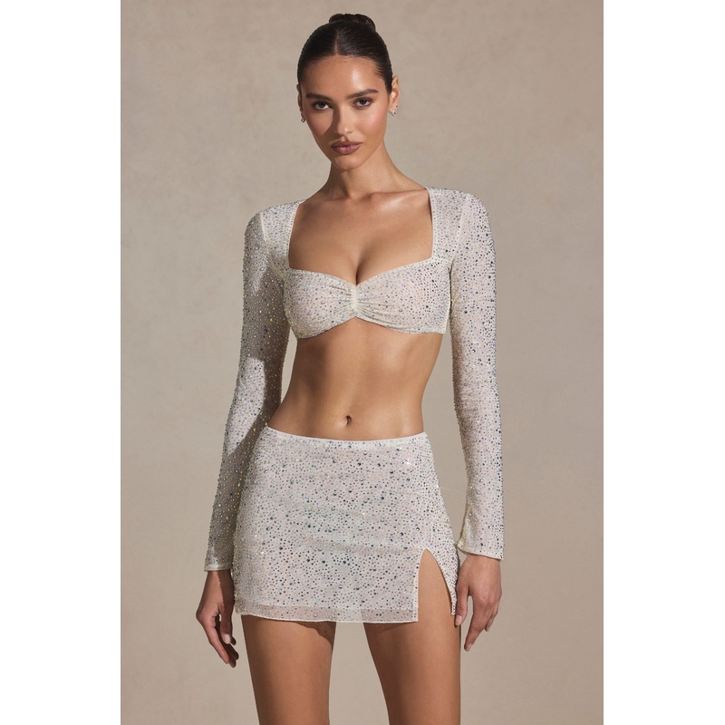 Embellished Long-Sleeve Crop Top in White