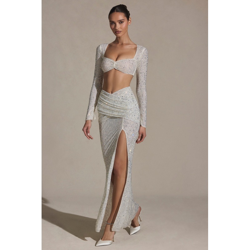 Embellished Ruched Maxi Skirt in White
