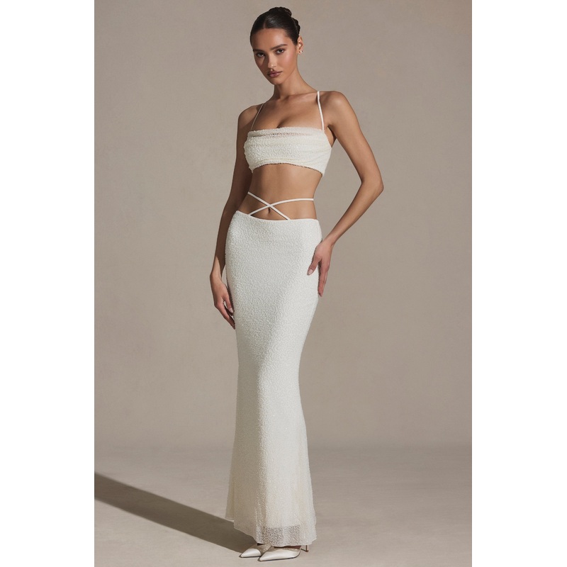 Embellished Strappy Maxi Skirt in White