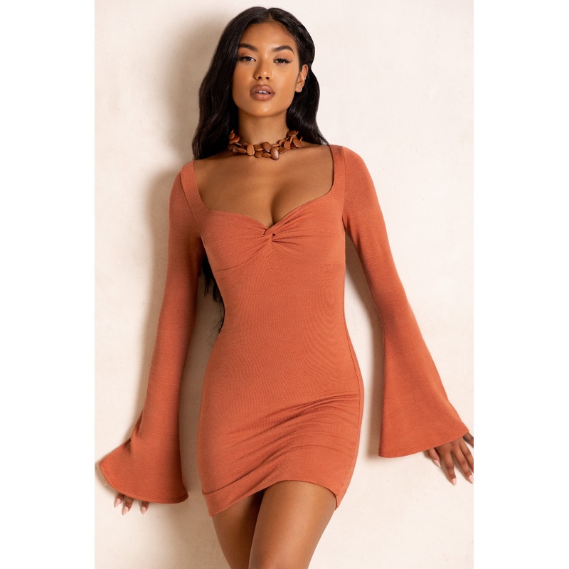 Flare Sleeve Mini Dress in Rust