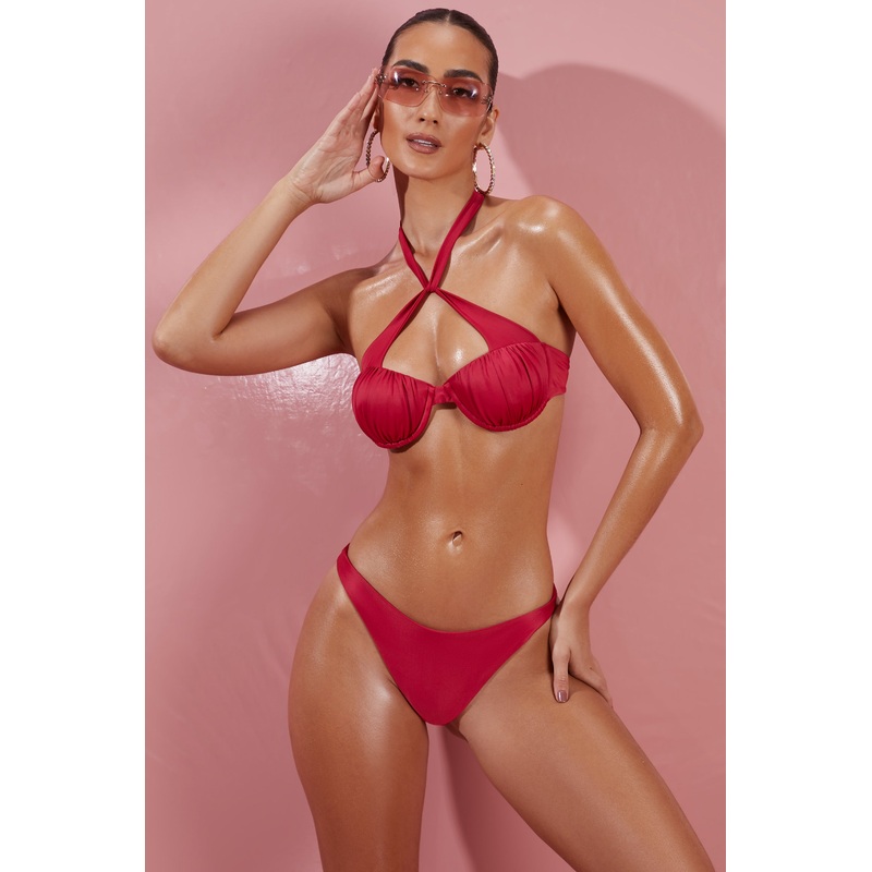 Give Me Fever Ruched Twist Bikini Top in Berry