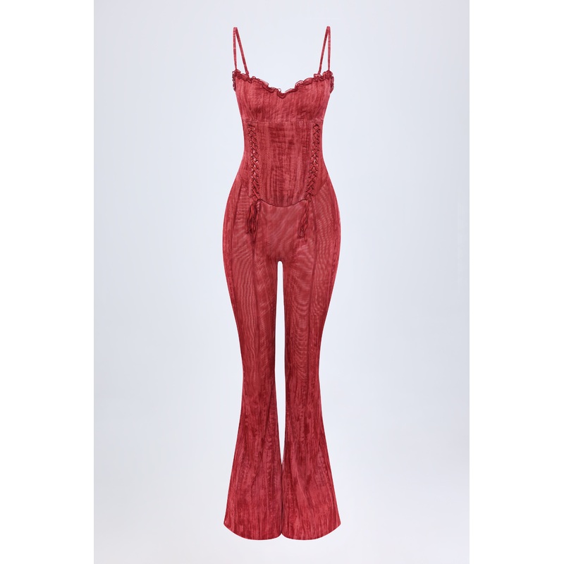 Lace-Up Ruffled Flared Jumpsuit in Red Print