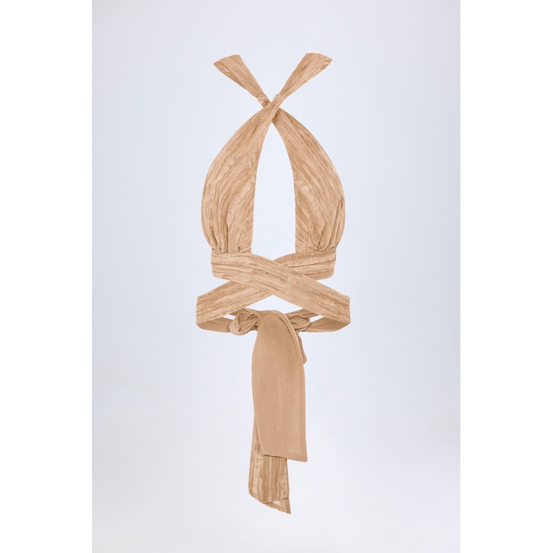 Ruched Halterneck Crop Top in Tan Print