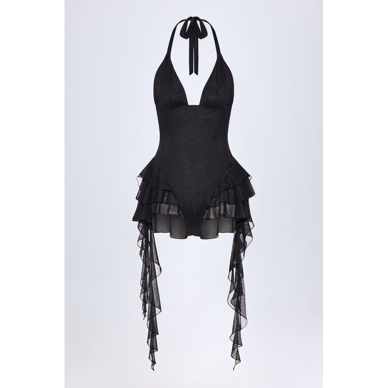 Ruffled Halterneck Bodysuit in Black