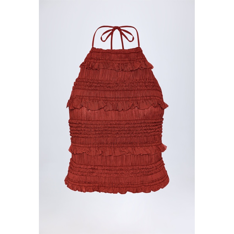 Ruffled High-Neck Backless Top in Burnt Red
