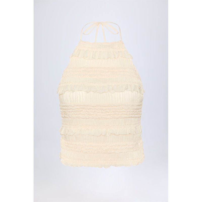 Ruffled High-Neck Backless Top in Ivory