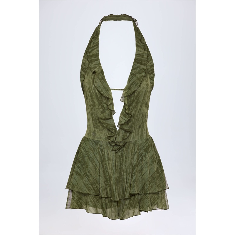 Ruffled Plunge Halterneck Playsuit in Green Print