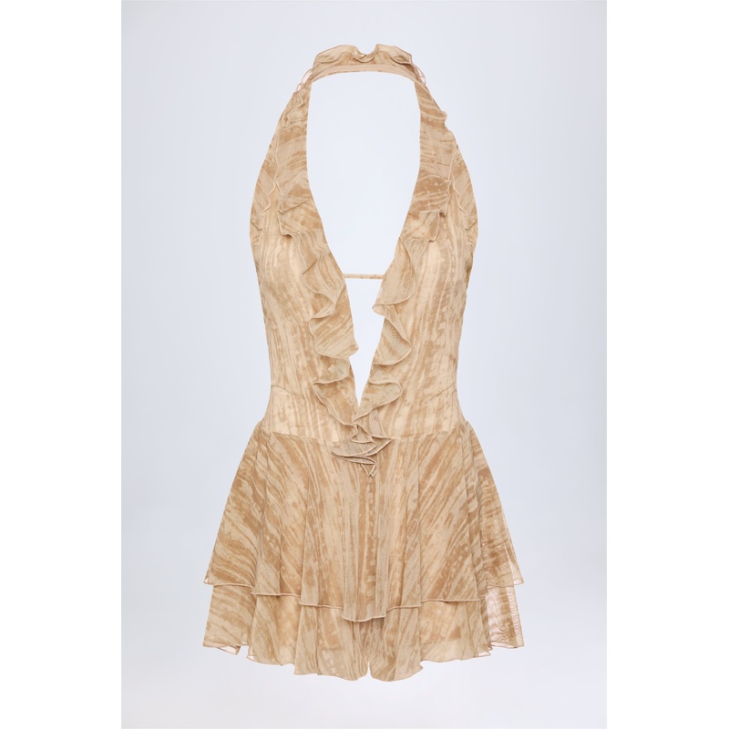 Ruffled Plunge Halterneck Playsuit in Tan Print