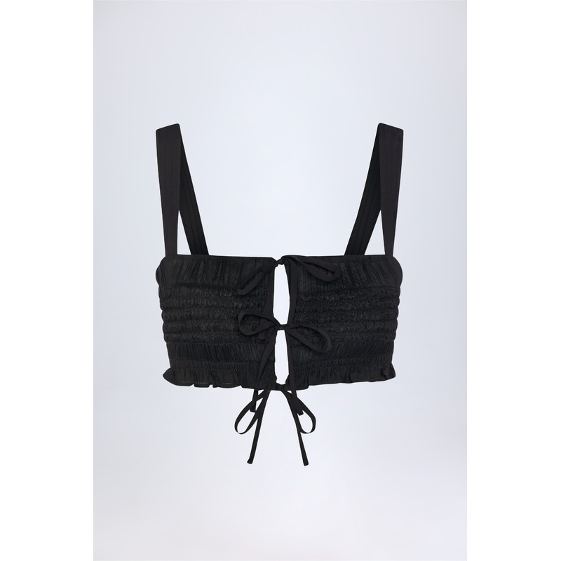 Ruffled Tie-Front Crop Top in Black
