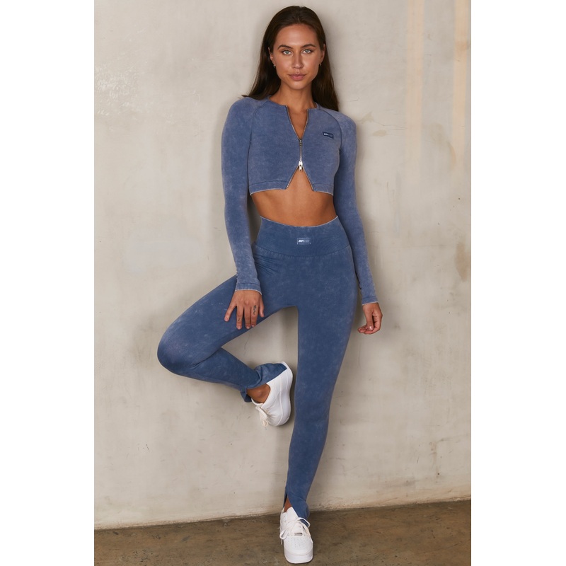 Seamless Acid Wash Zip Crop Top in Indigo