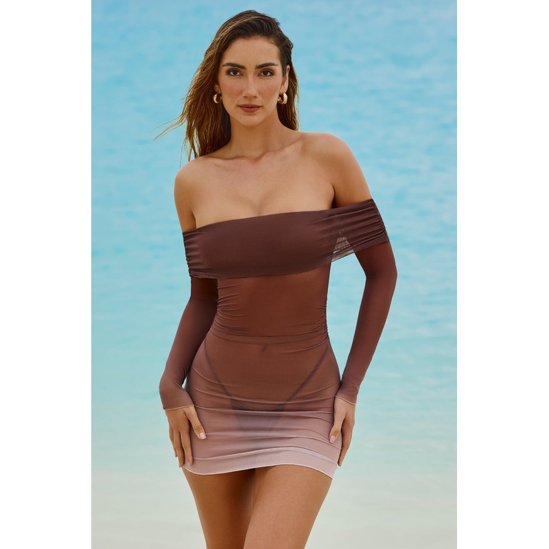 Sheer Off-Shoulder Mini Dress in Chocolate Brown