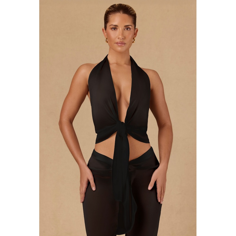 Tie-Front Halterneck Crop Top in Black