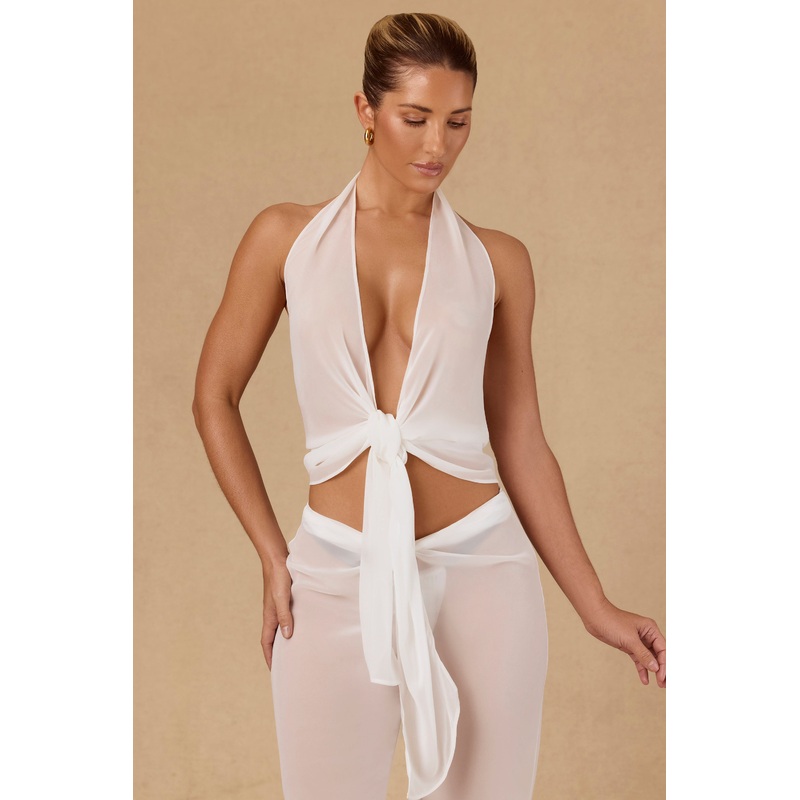 Tie-Front Halterneck Crop Top in White