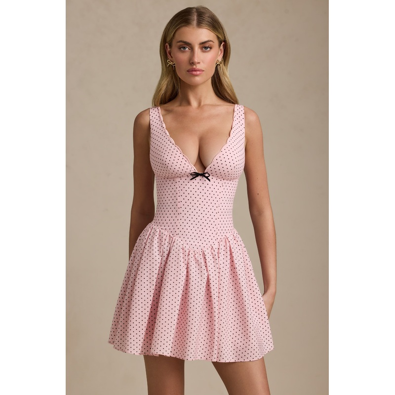 Bow-Detail A-Line Mini Dress in Pink Polka Dot