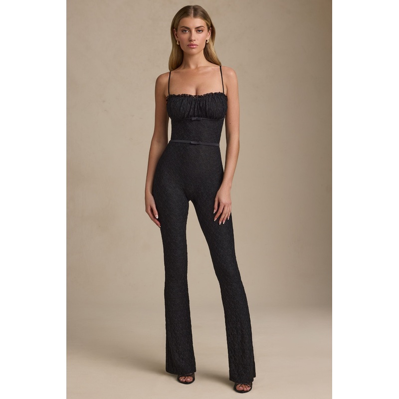 Bow-Detail Lace Flared Jumpsuit in Black