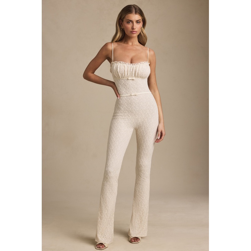 Bow-Detail Lace Flared Jumpsuit in Ivory