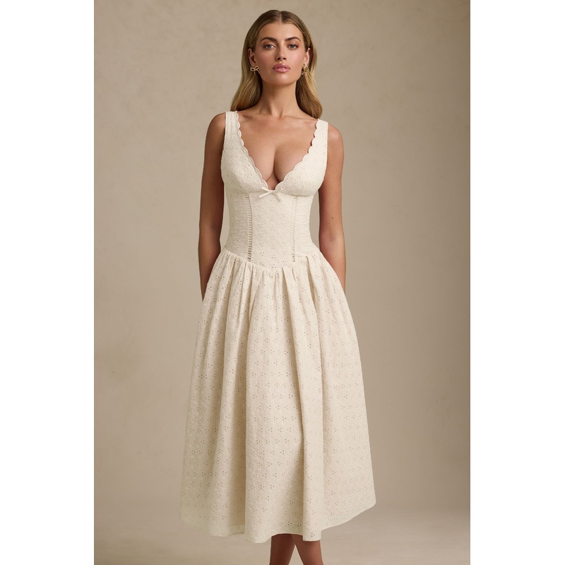 Broderie Anglaise Bow-Detail A-Line Midaxi Dress in Ivory