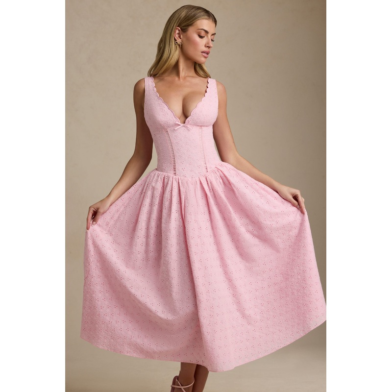 Broderie Anglaise Bow-Detail A-Line Midaxi Dress in Soft Pink