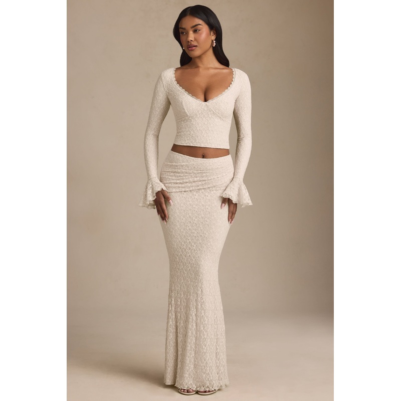 Draped Low-Rise Lace Maxi Skirt in Ivory