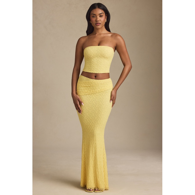 Draped Low-Rise Lace Maxi Skirt in Pastel Yellow