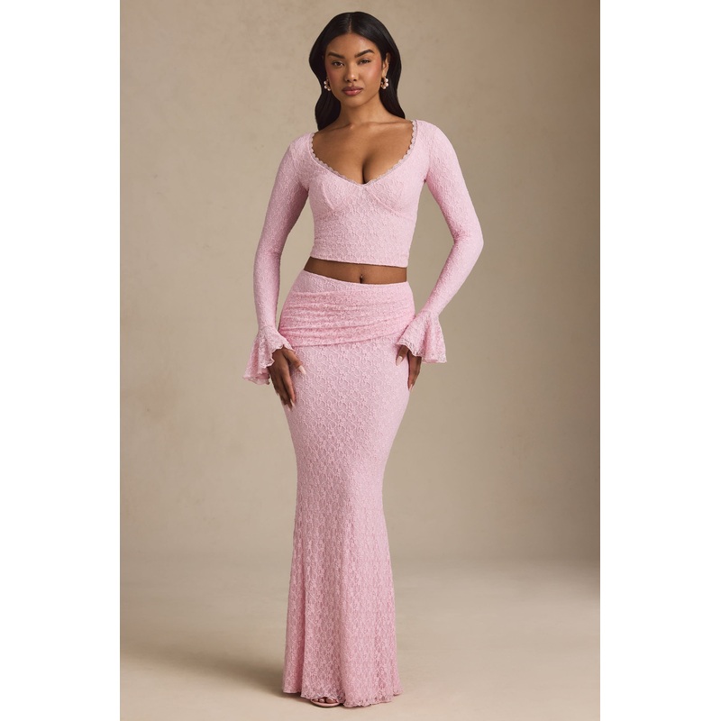 Draped Low-Rise Lace Maxi Skirt in Soft Pink