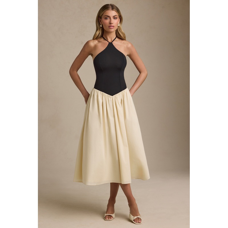 Halterneck A-Line Midaxi Dress in Black
