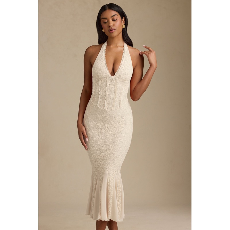 Halterneck Corset Lace Midaxi Dress in Ivory