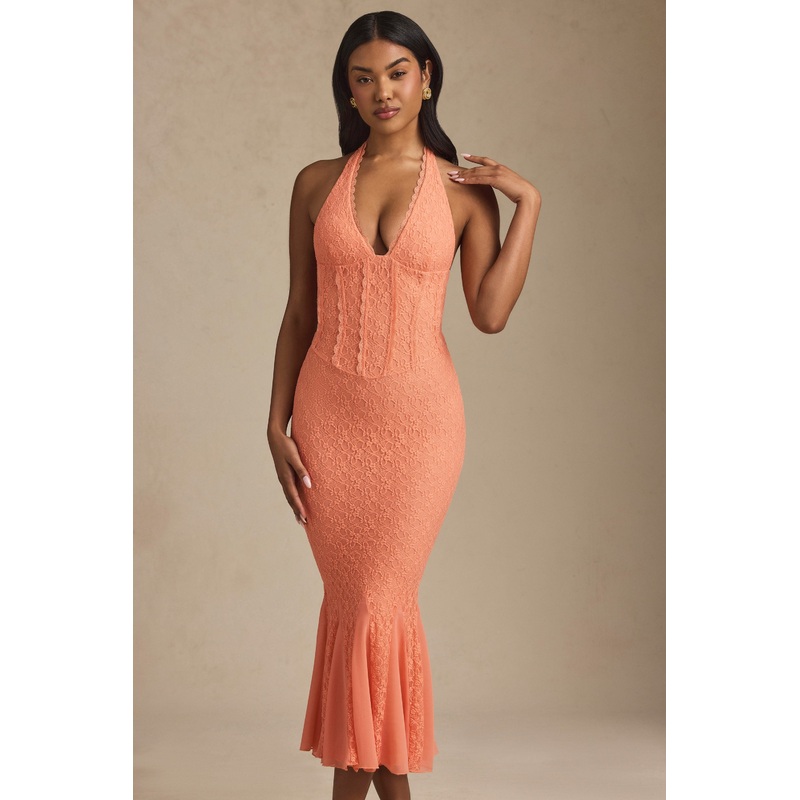 Halterneck Corset Lace Midaxi Dress in Peach