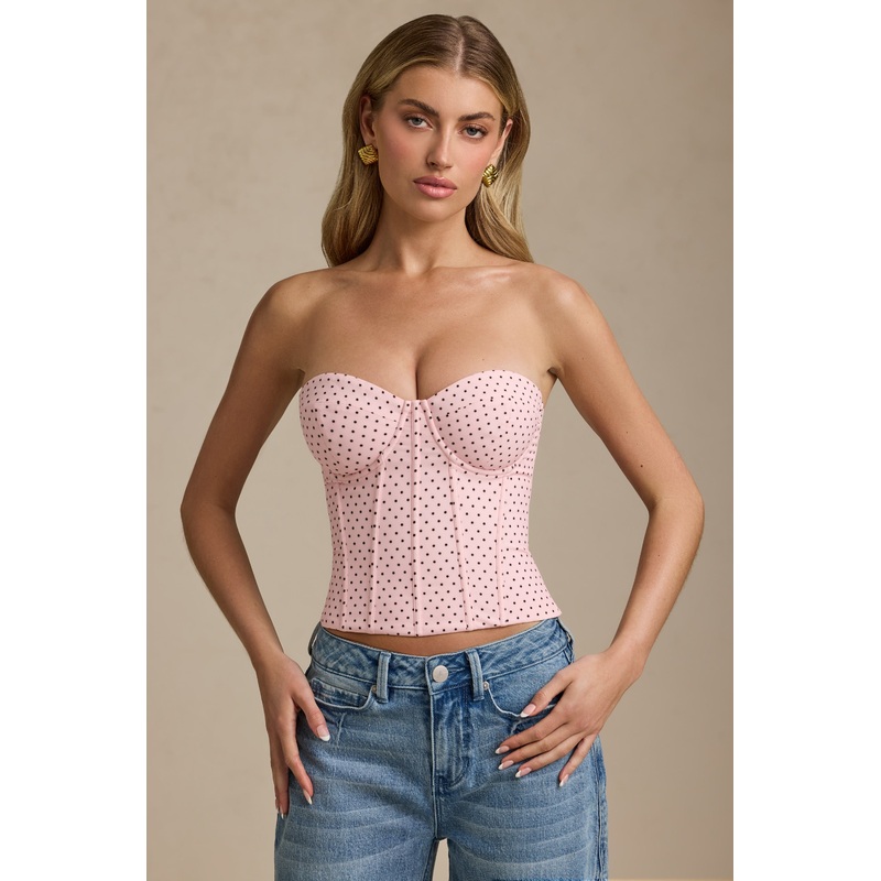 Lace-Up Strapless Corset Top in Pink Polka Dot