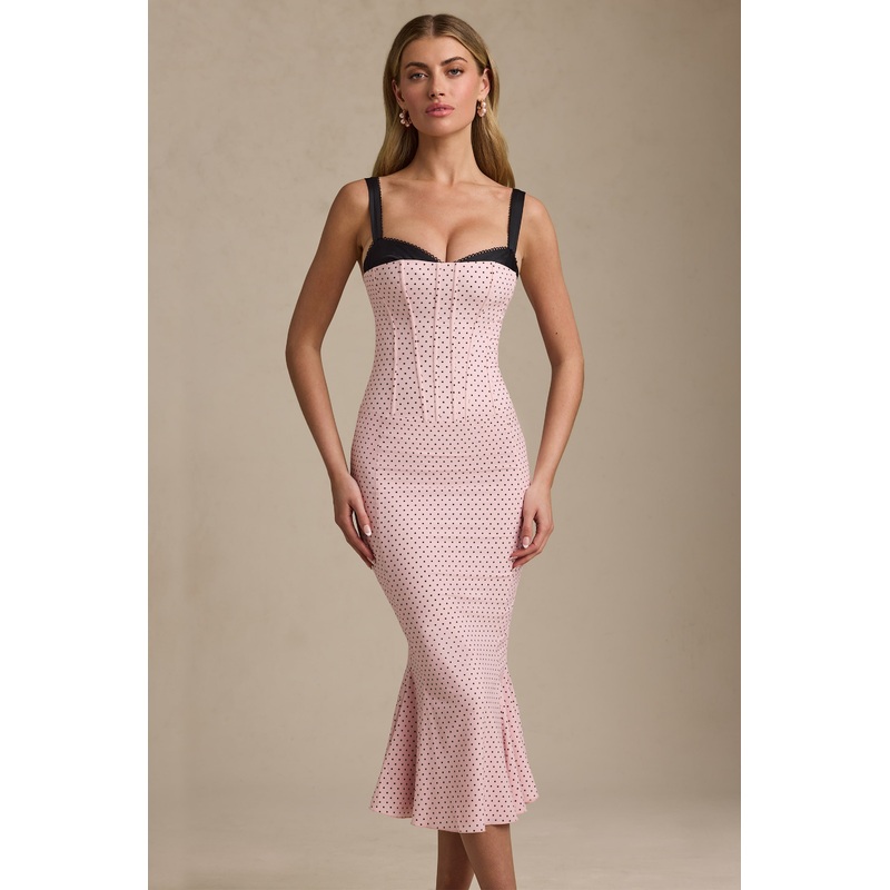 Layered Bra-Detail Fishtail Midaxi Dress in Pink Polka Dot