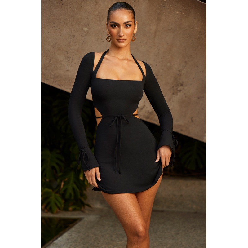 Long Sleeve Cut Out A-Line Mini Dress in Black