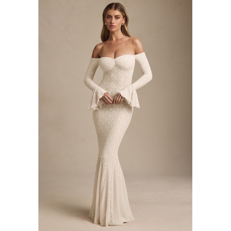 Off-Shoulder Ruffle Lace Maxi Dress in Ivory