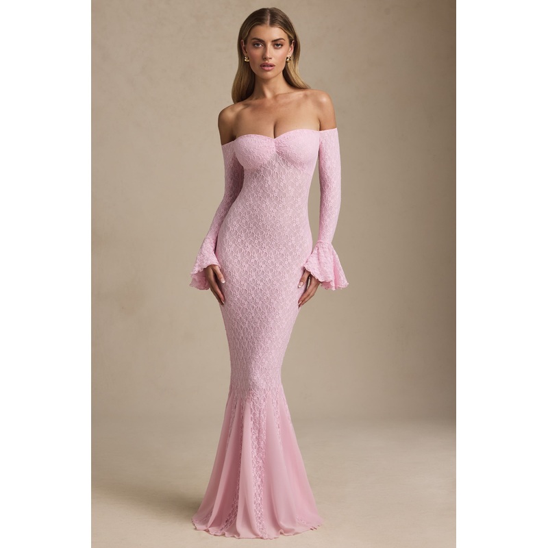 Off-Shoulder Ruffle Lace Maxi Dress in Soft Pink