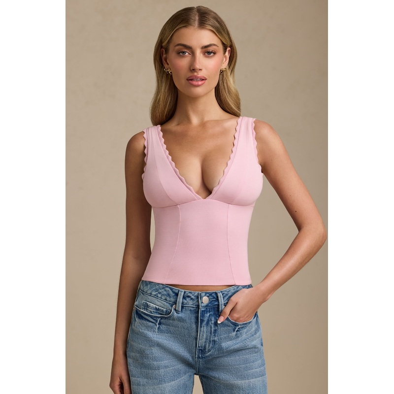 Plunge-Neck Scallop-Trim Tank Top in Soft Pink