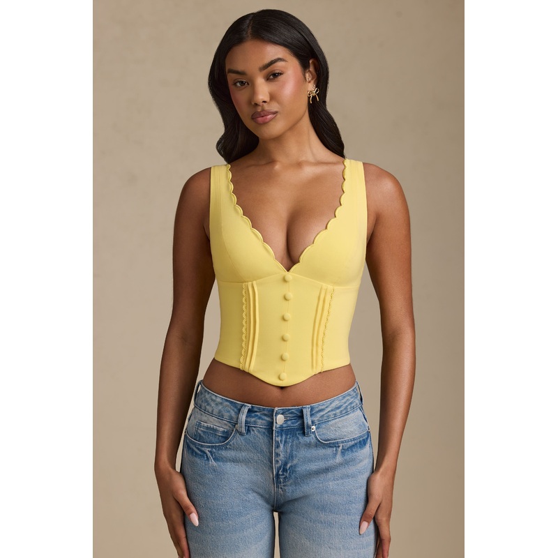 Plunge-Neck Scalloped Corset Top in Pastel Yellow