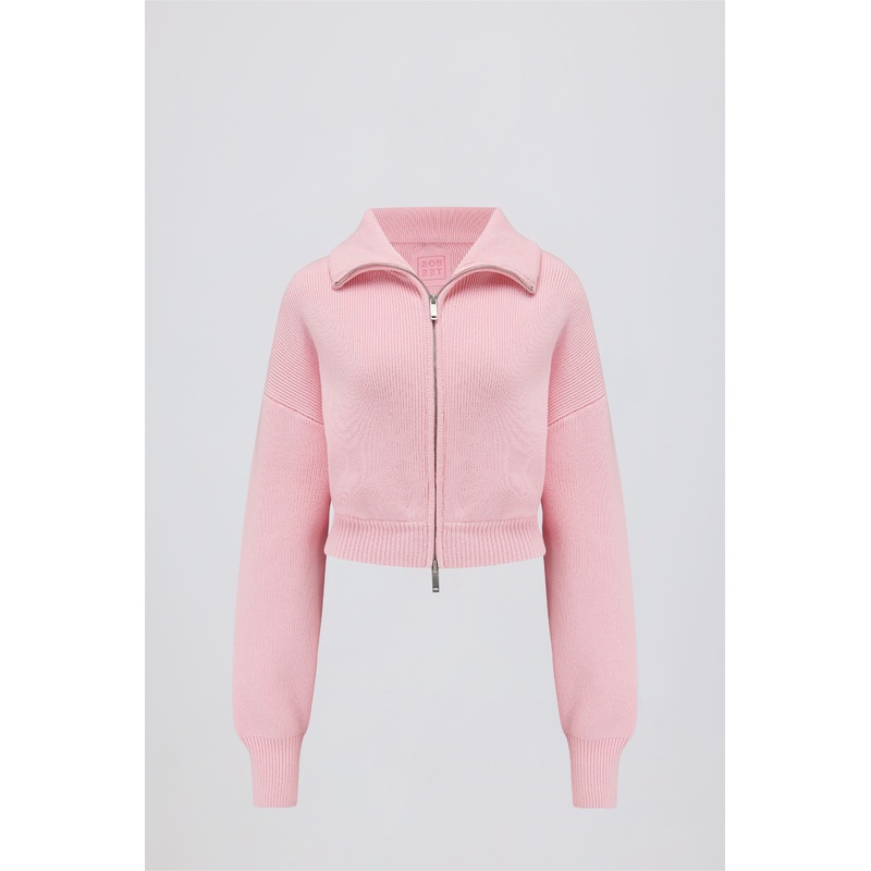Ribbed-Knit Cropped Zip-Up Sweatshirt in Pale Pink
