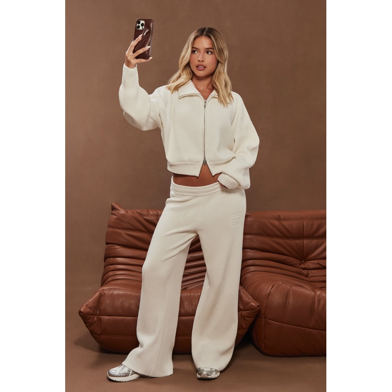 Ribbed-Knit Wide-Leg Joggers in Ivory