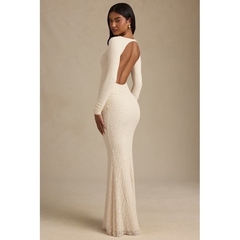 Ruched Backless Lace Maxi Dress in Ivory