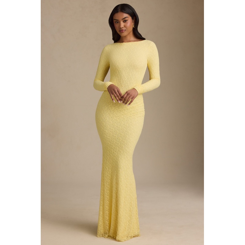 Ruched Backless Lace Maxi Dress in Pastel Yellow