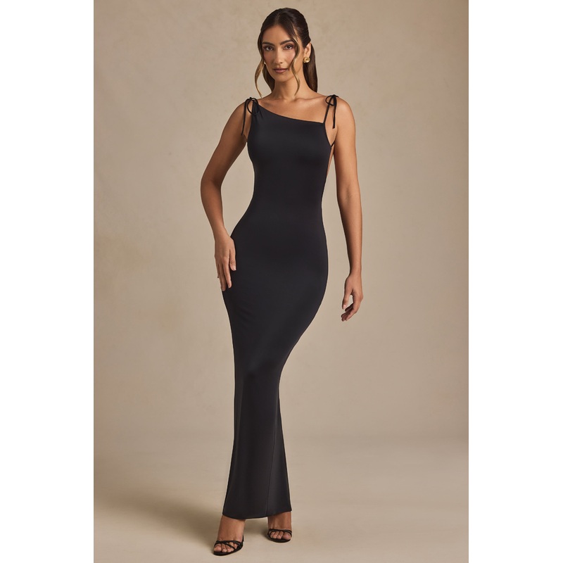 Ruched Backless Maxi Dress in Black