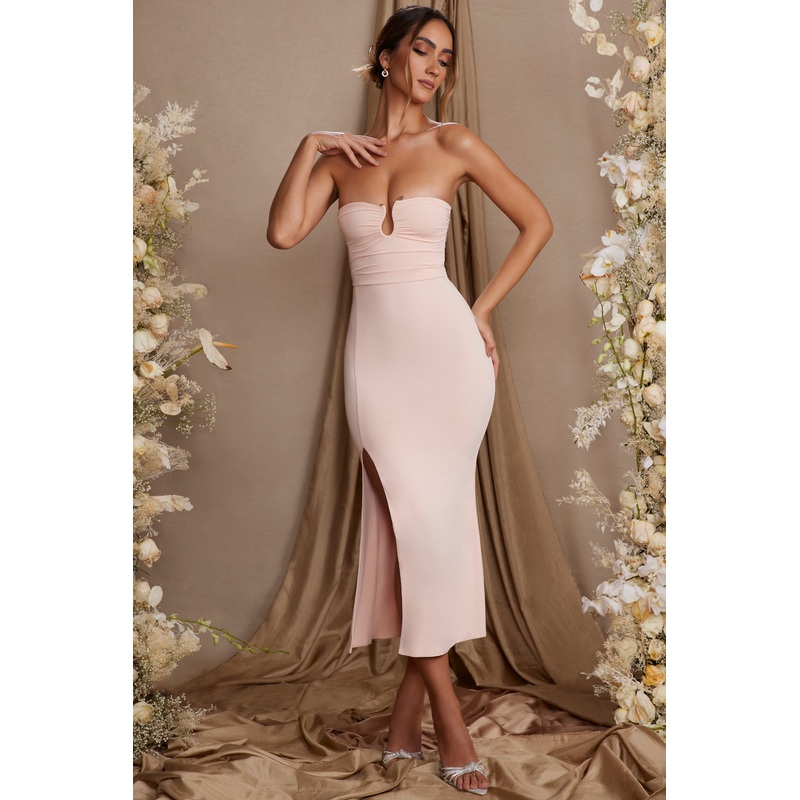 Strapless Thigh High Split Maxi Dress in Blush