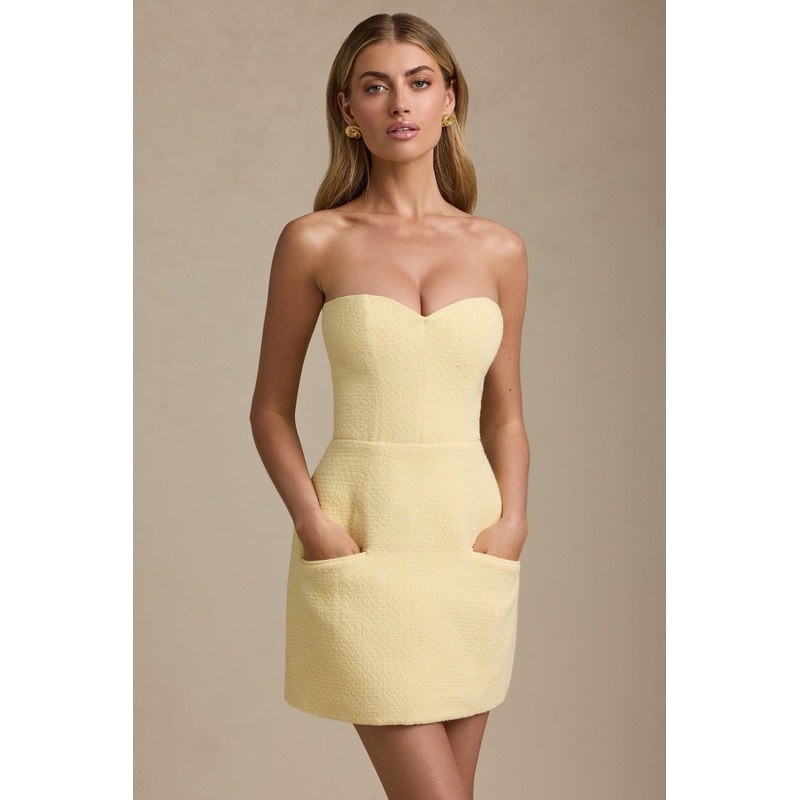 Sweetheart-Neck Strapless Structured Mini Dress in Pastel Yellow